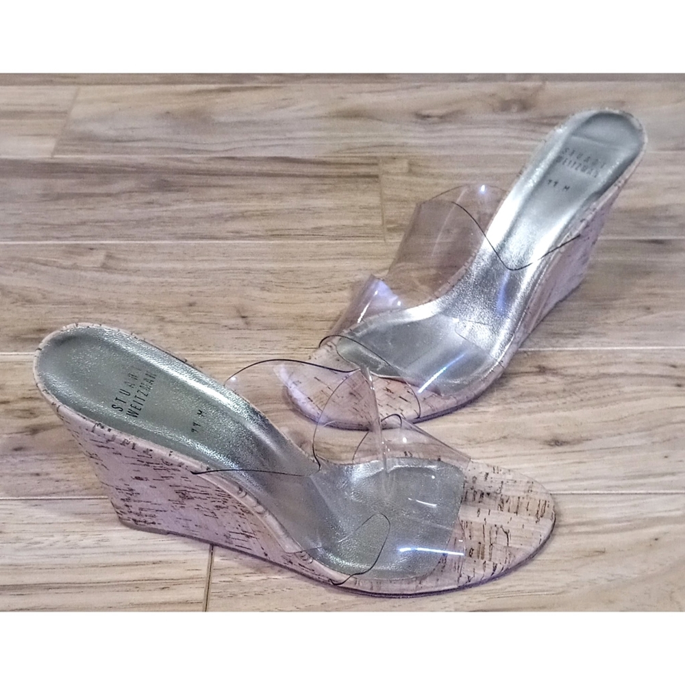Stuart Weitzman Clear Transparent Cork Wedge Mule… - image 1